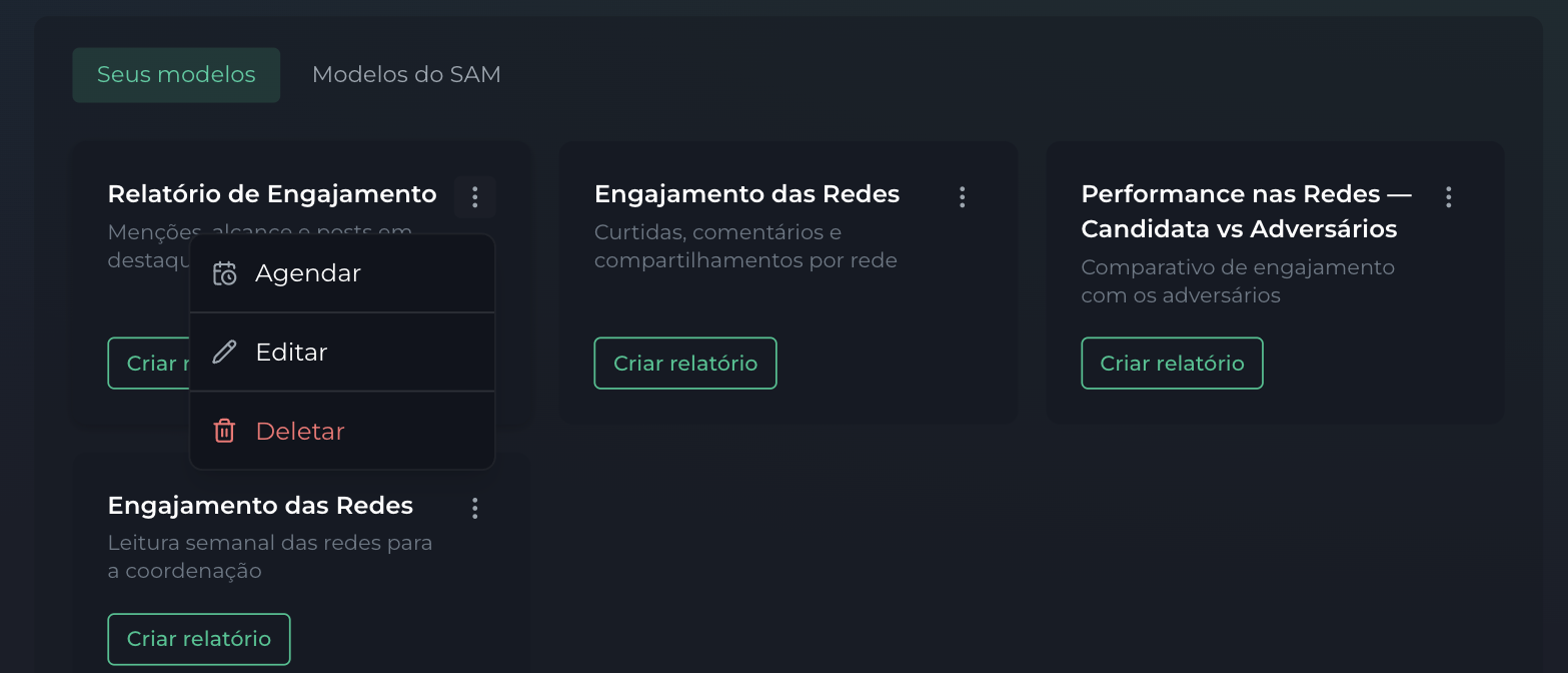 Menu do card de um modelo com a opção Agendar