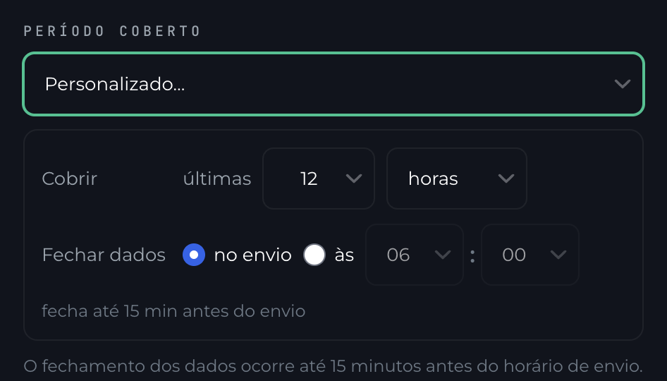 Período coberto Personalizado, com Cobrir últimas 12 horas e Fechar dados no envio ou às um horário