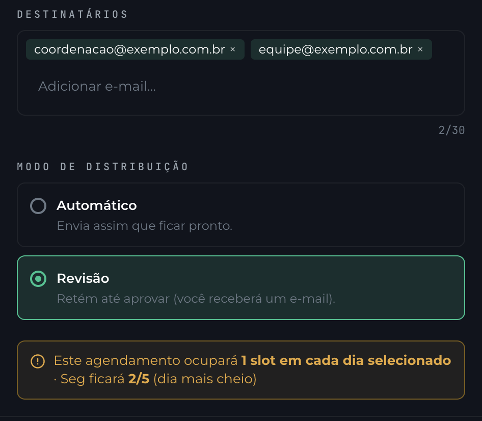 Destinatários com dois e-mails e Modo de distribuição em Revisão