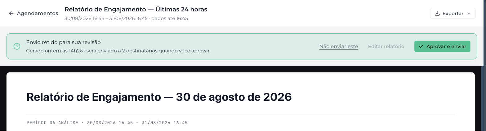 Faixa Envio retido para sua revisão com as ações Não enviar este, Editar relatório e Aprovar e enviar