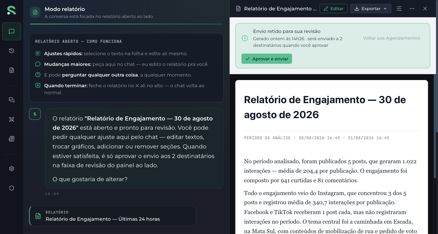 Chat em modo relatório com o painel do relatório aberto ao lado