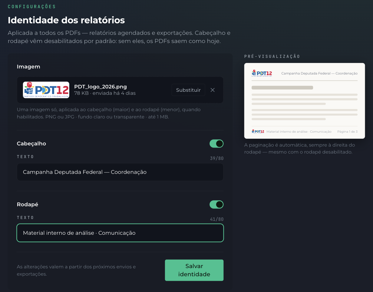Aba Configurações: imagem, cabeçalho e rodapé habilitados, com a pré-visualização ao lado