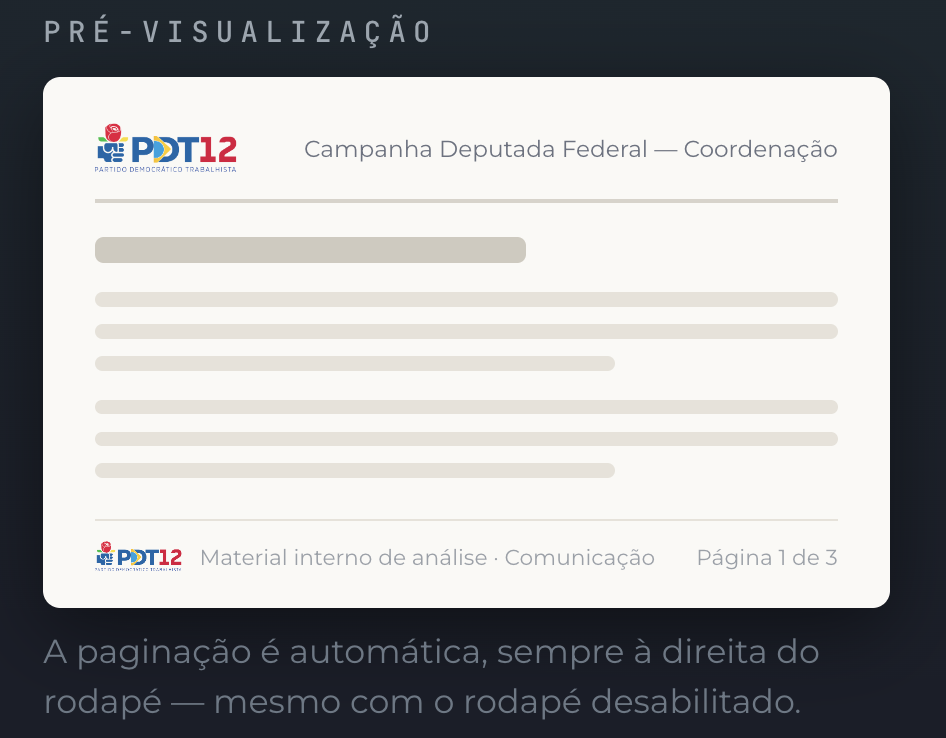 Pré-visualização da folha com a imagem e o texto no cabeçalho e no rodapé, e a numeração de página